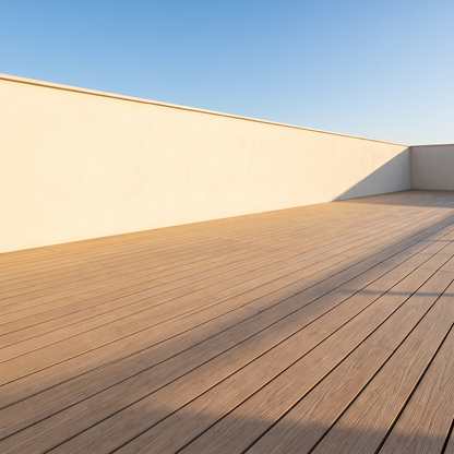 Composite decking meeting a minimal plaster wall