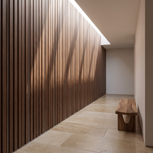 Ribbed cladding along a minimal hallway