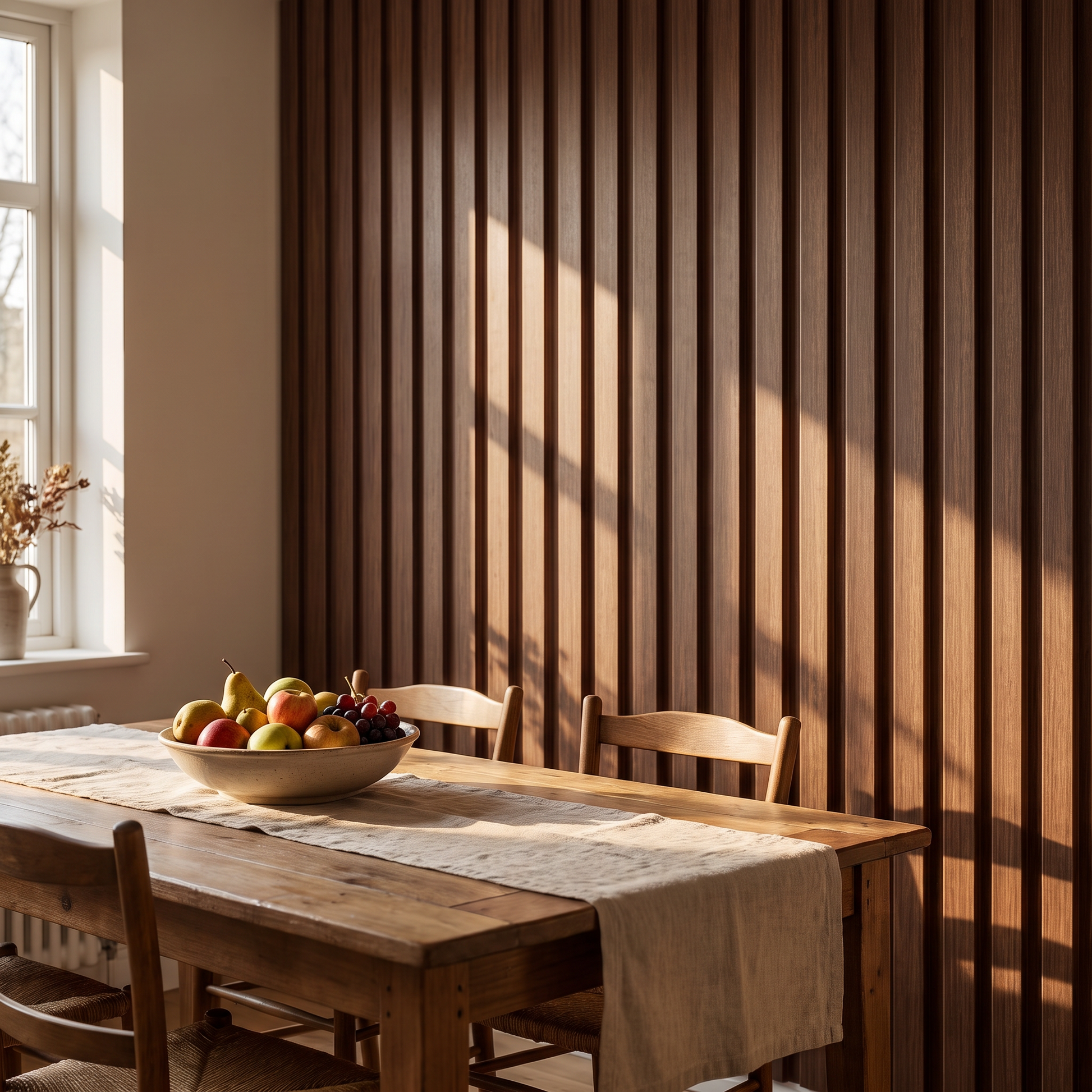 Ribbed cladding behind a lived in dining area