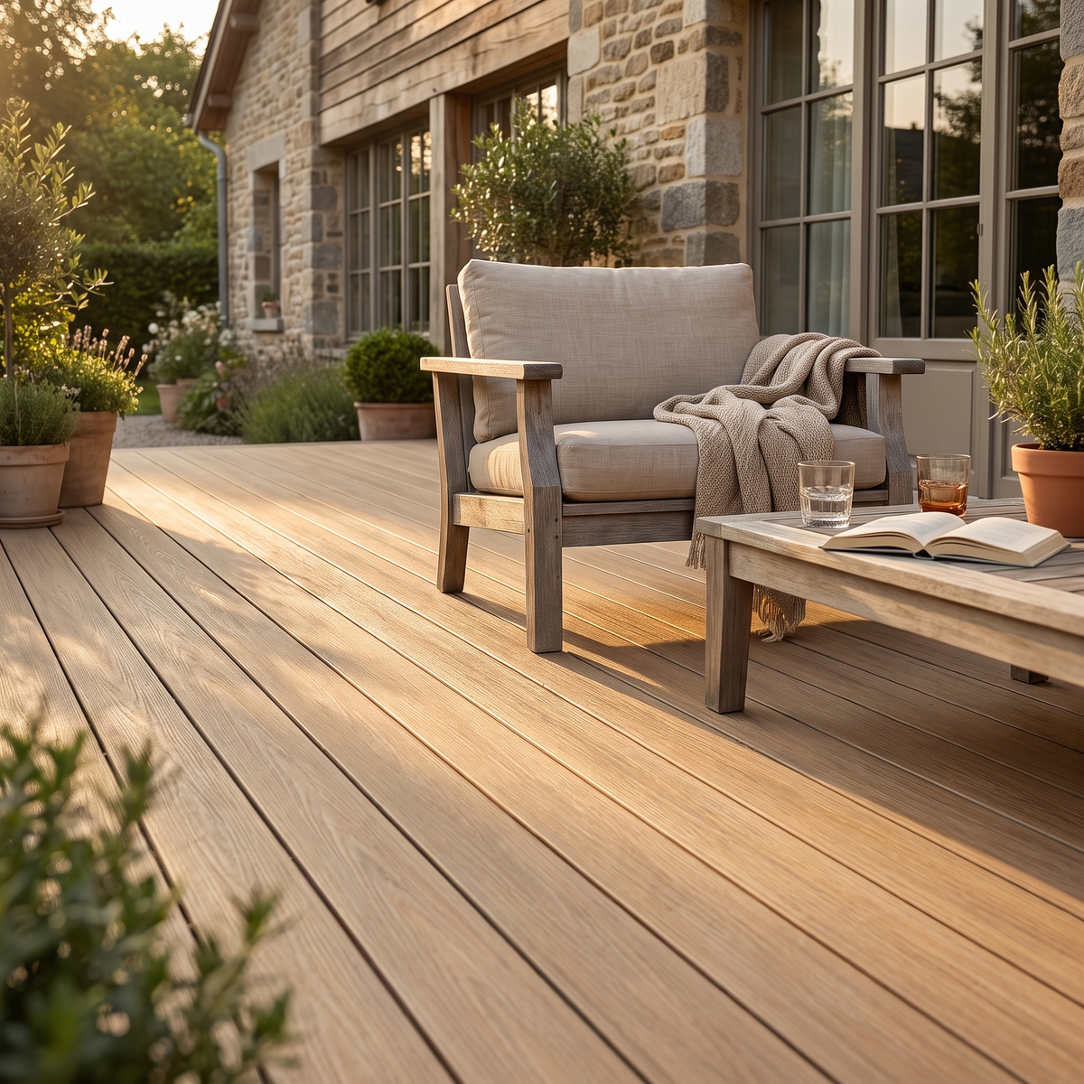 Decked terrace with outdoor seating in the evening